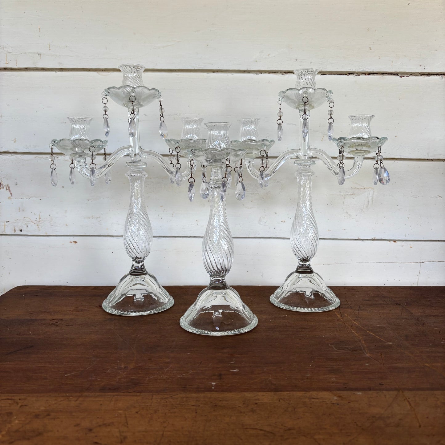 Set of Glass Candelabra with Crystal Drops (3 Pieces)