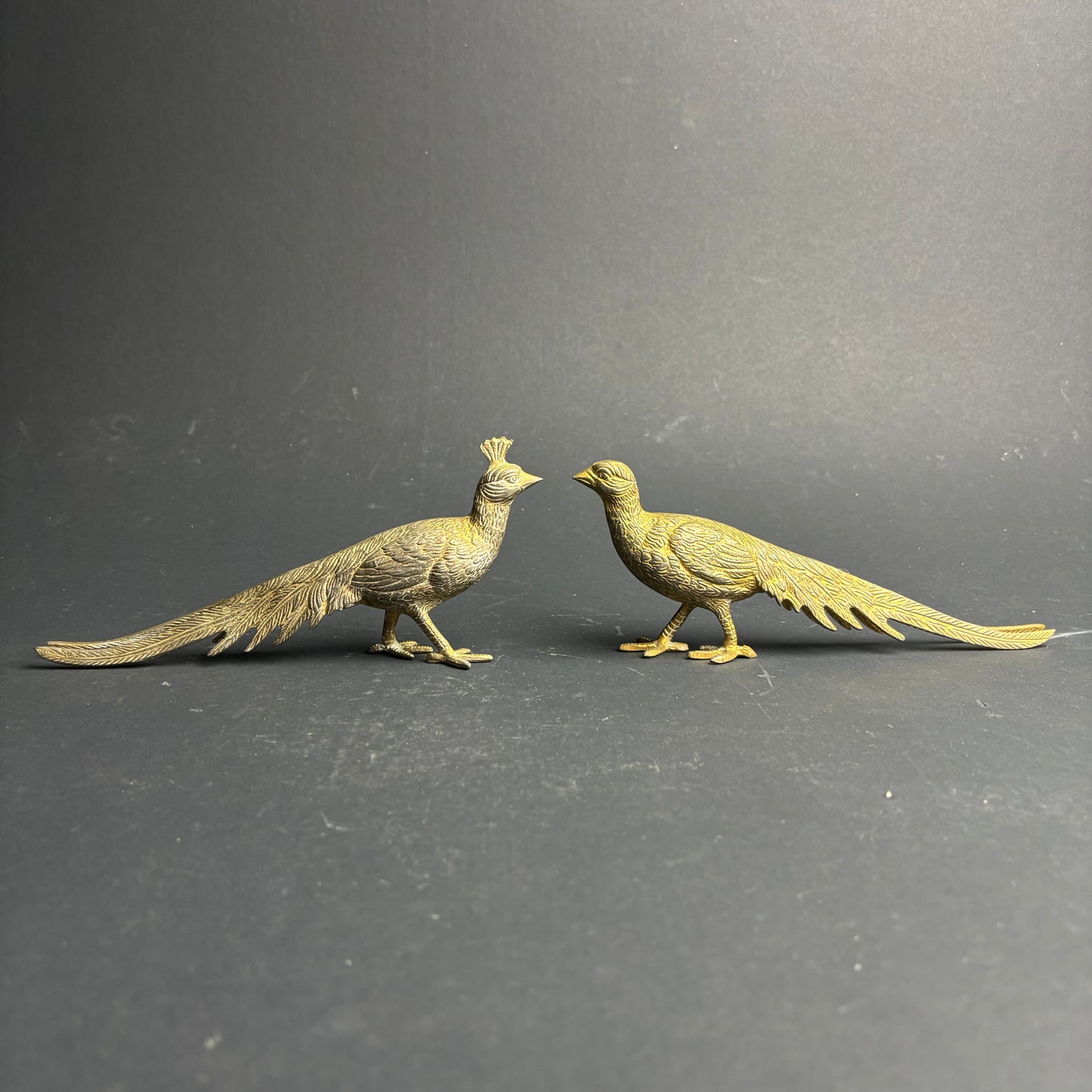 Vintage Cast Metal Pheasant Figurines – Pair – Brass Tone Long Tail Birds