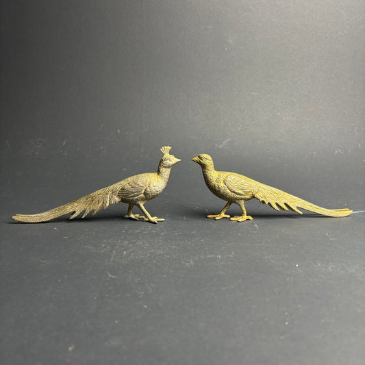 Vintage Cast Metal Pheasant Figurines – Pair – Brass Tone Long Tail Birds