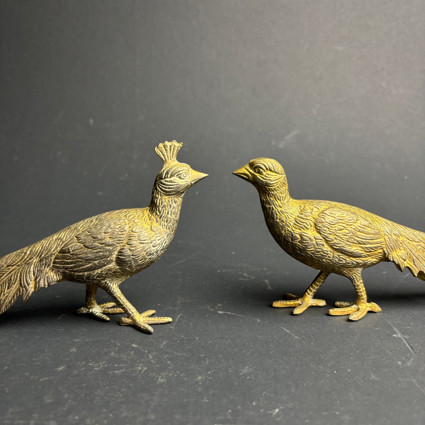 Vintage Cast Metal Pheasant Figurines – Pair – Brass Tone Long Tail Birds