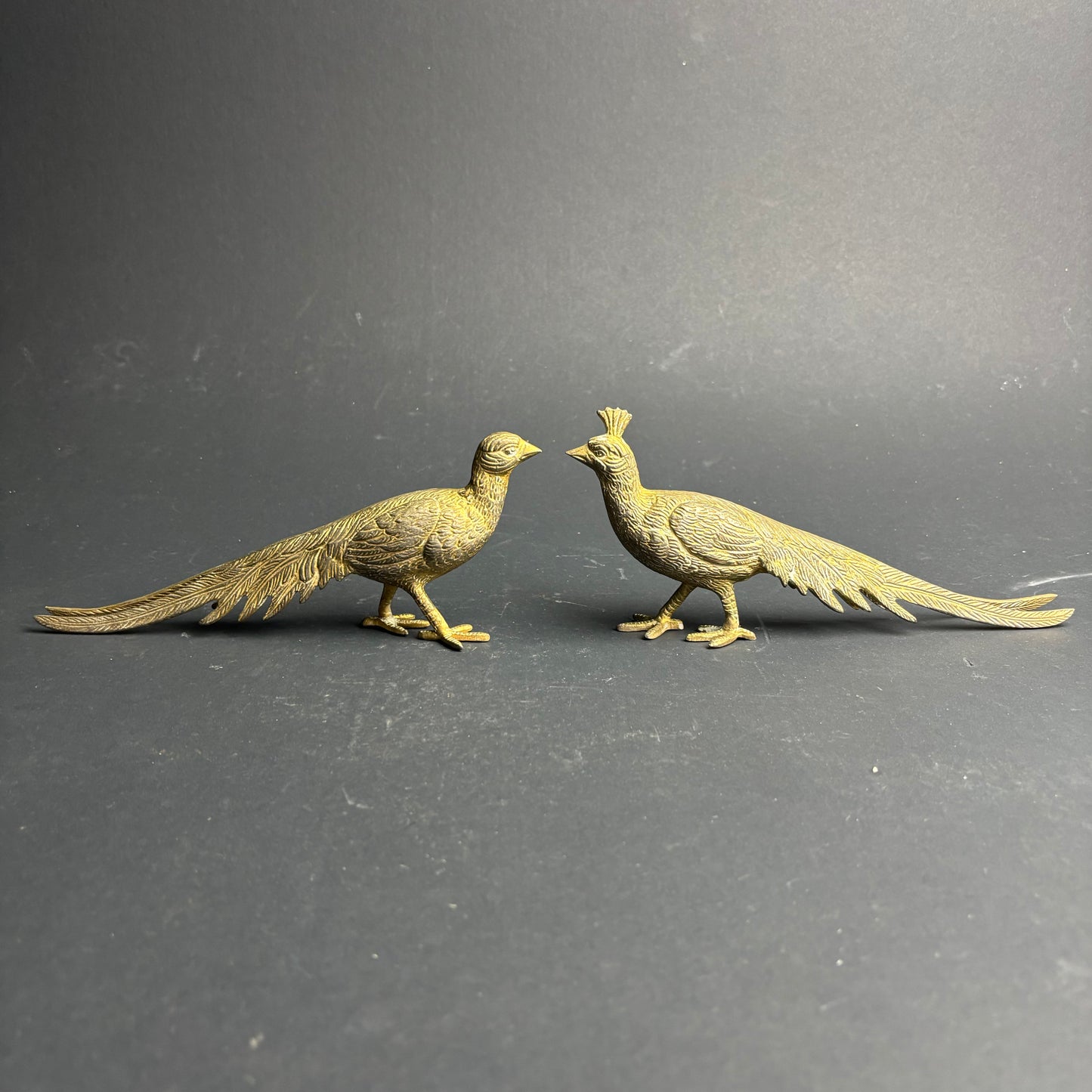 Vintage Cast Metal Pheasant Figurines – Pair – Brass Tone Long Tail Birds