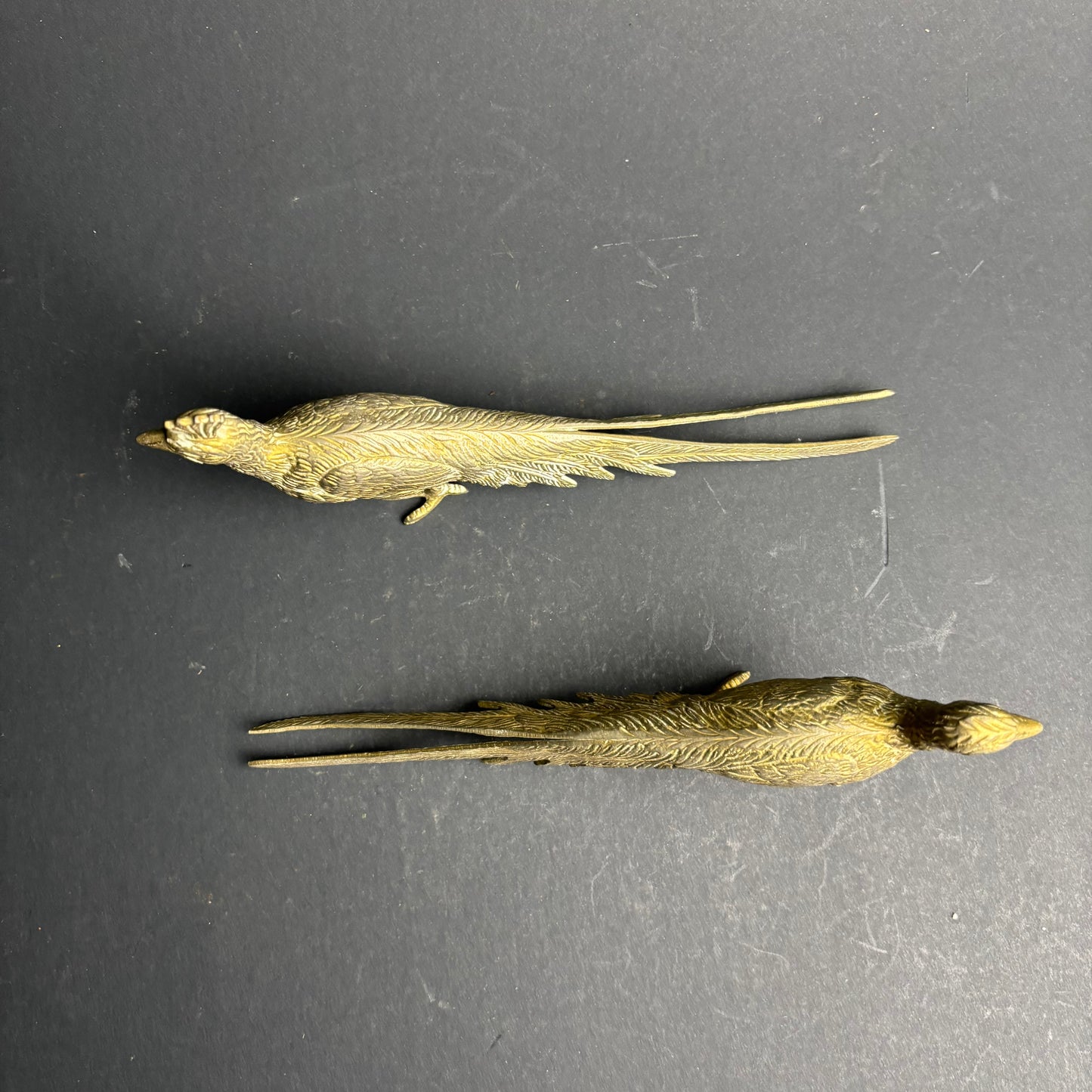 Vintage Cast Metal Pheasant Figurines – Pair – Brass Tone Long Tail Birds