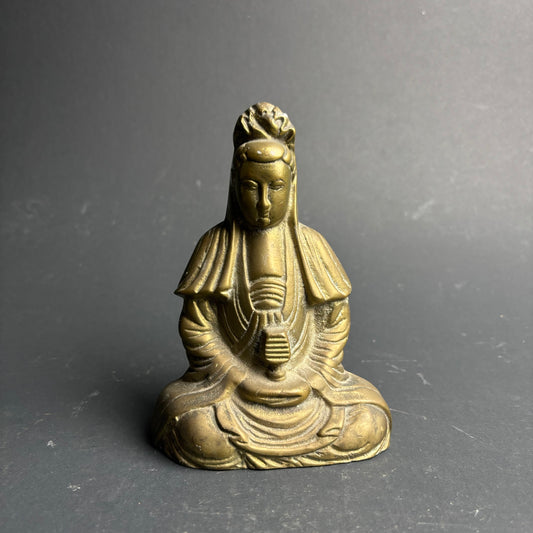 Vintage Cast Metal Seated Guanyin Figure – Brass Tone Buddhist Sculpture