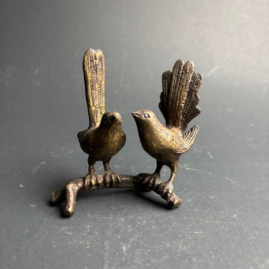 Vintage Cast Metal Bird Pair on Branch – Brass Tone Decorative Sculpture