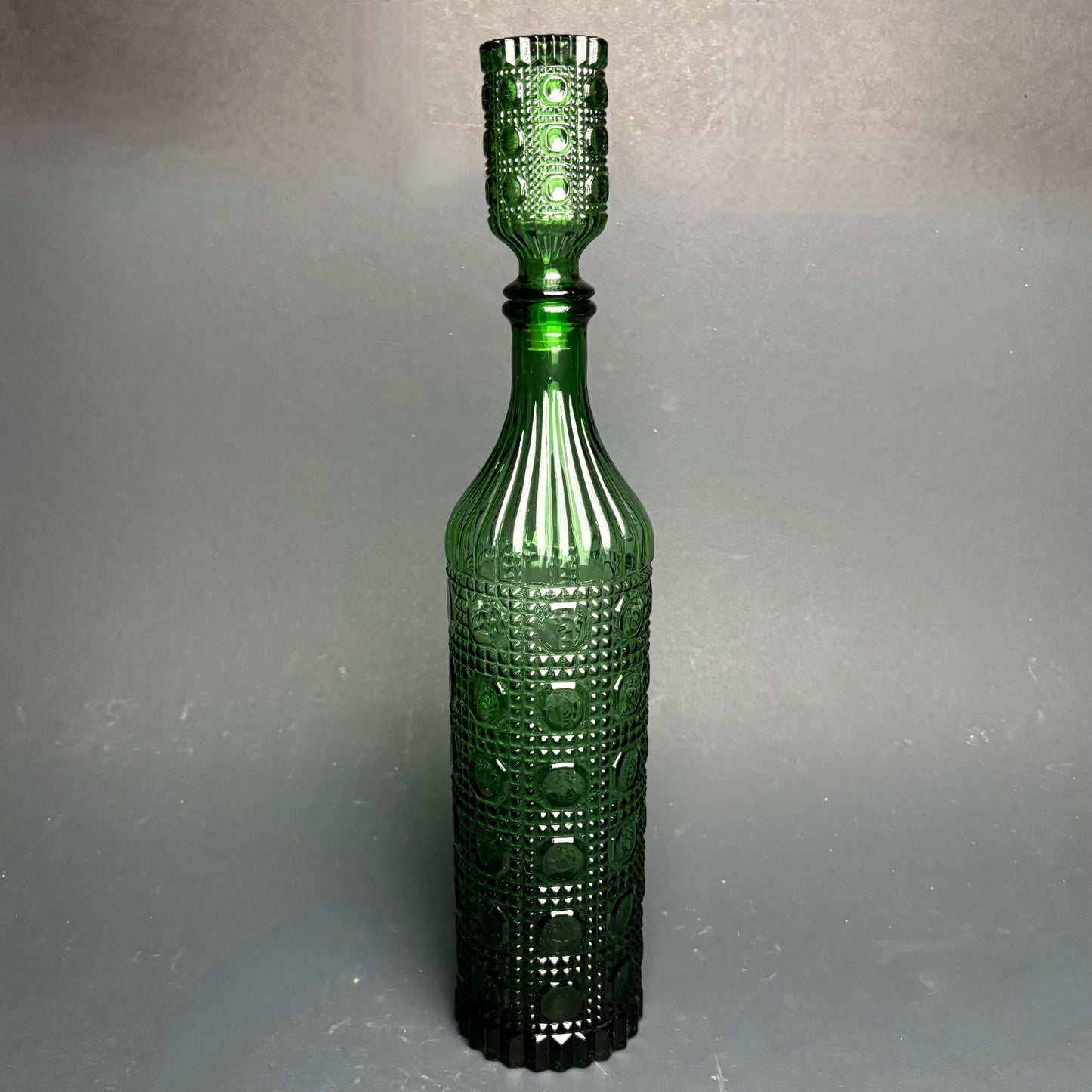 Vintage Green Empoli Style Glass Decanter with Stopper – Hobnail Pattern