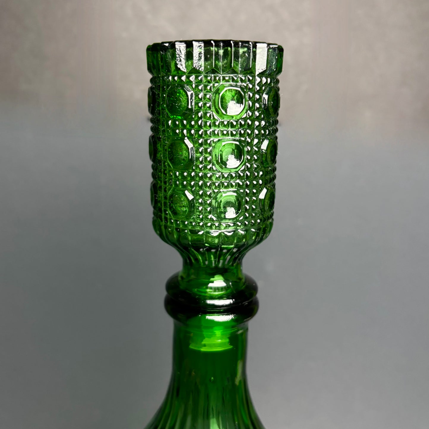 Vintage Green Empoli Style Glass Decanter with Stopper – Hobnail Pattern
