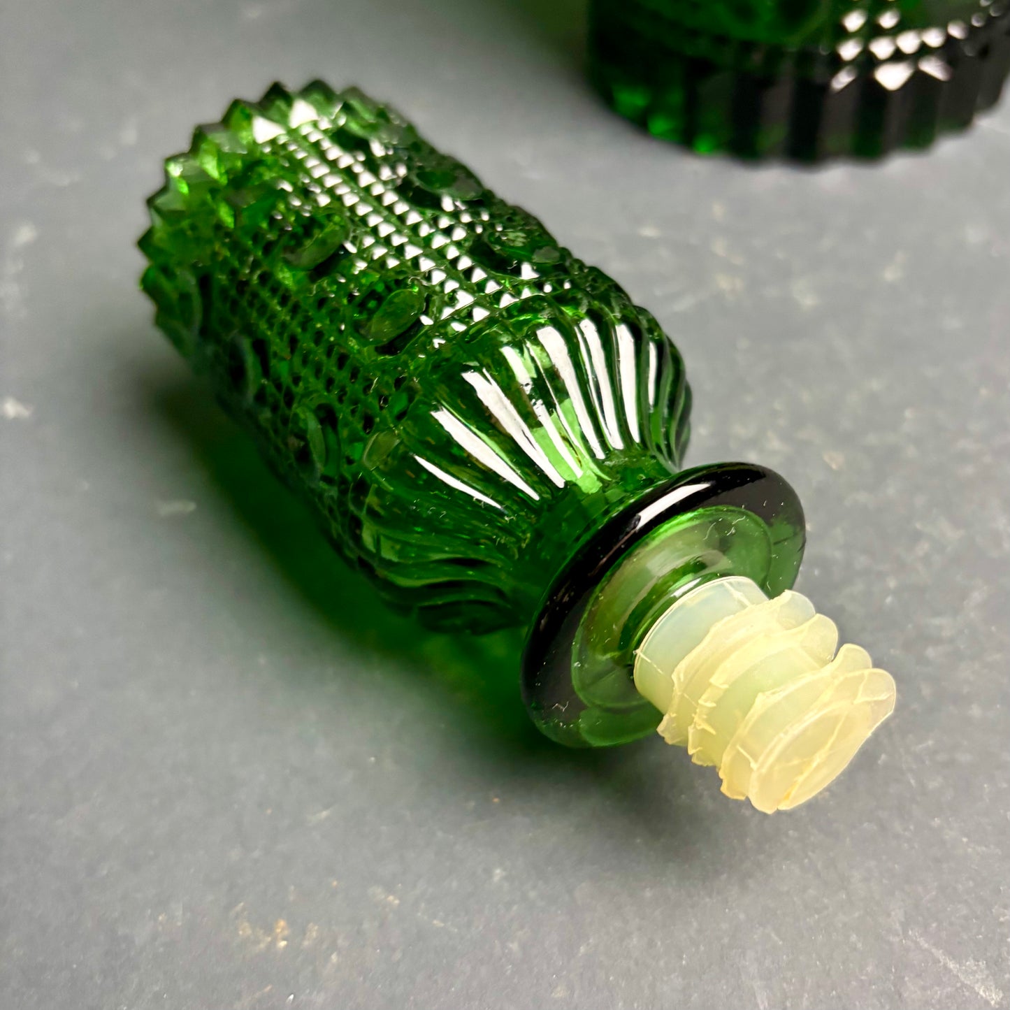 Vintage Green Empoli Style Glass Decanter with Stopper – Hobnail Pattern