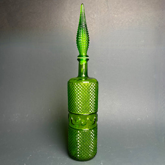 Vintage Green Empoli Style Glass Decanter with Stopper – Diamond Point & Wave Band