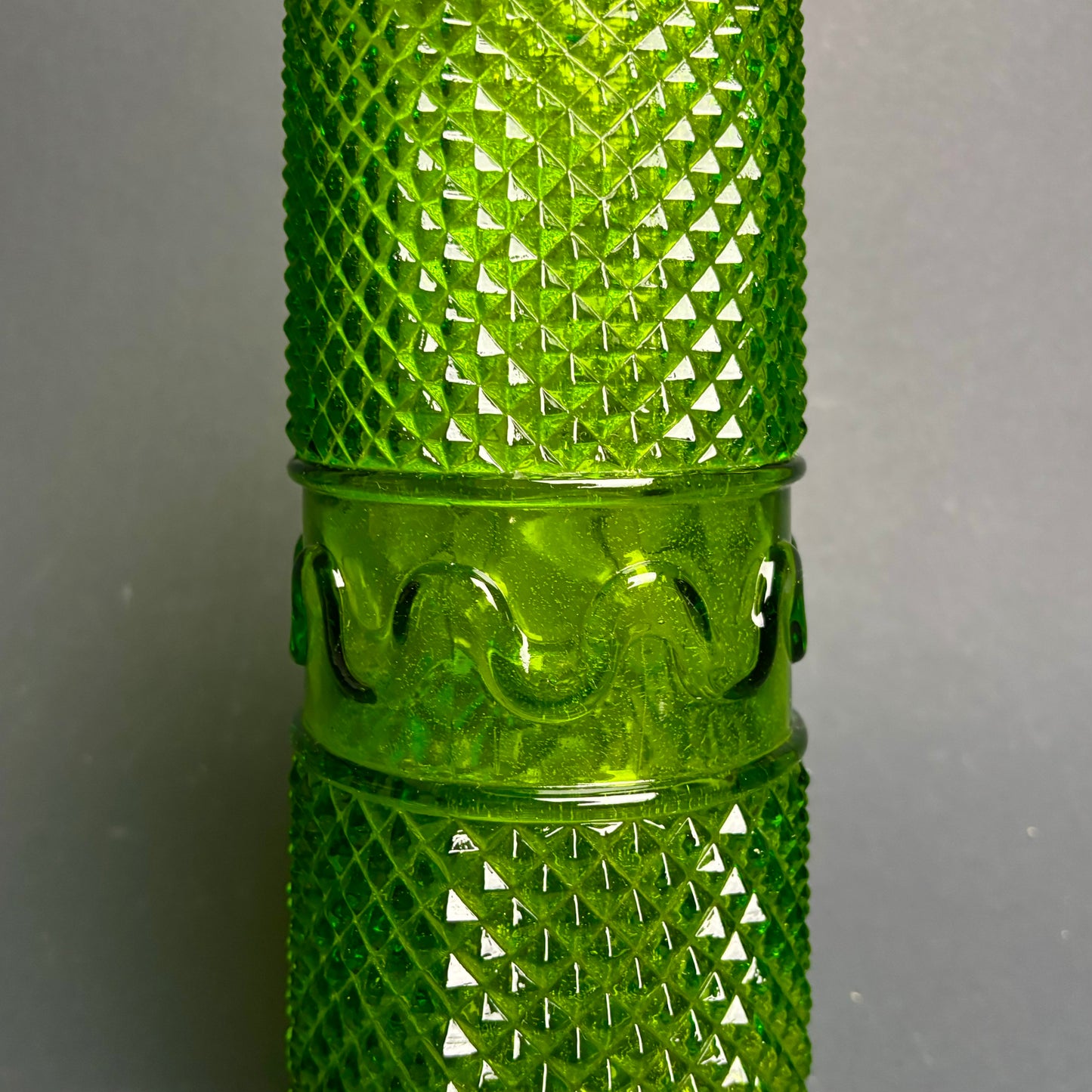 Vintage Green Empoli Style Glass Decanter with Stopper – Diamond Point & Wave Band