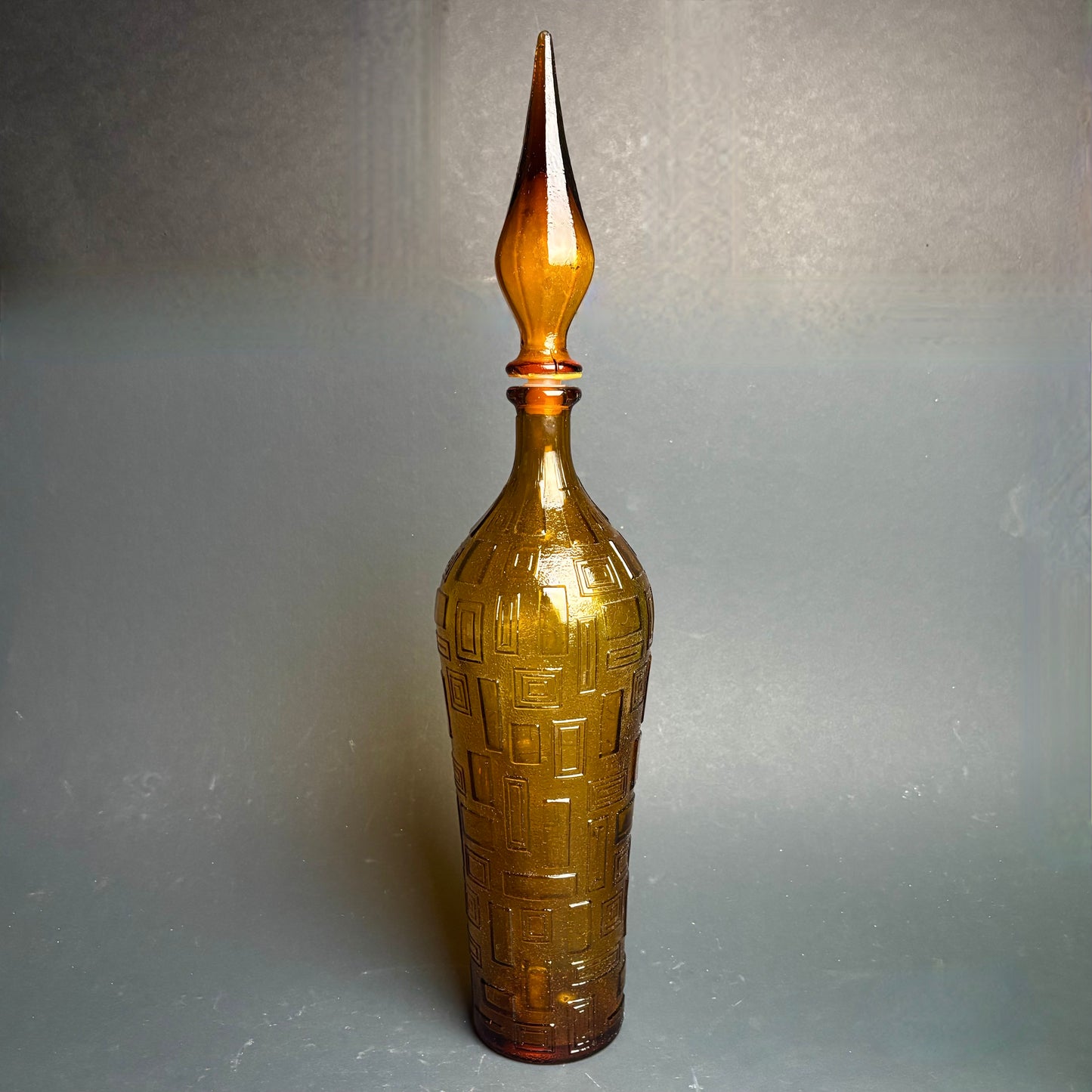 Vintage Amber Empoli Style Glass Decanter with Flame Stopper – Geometric Pattern