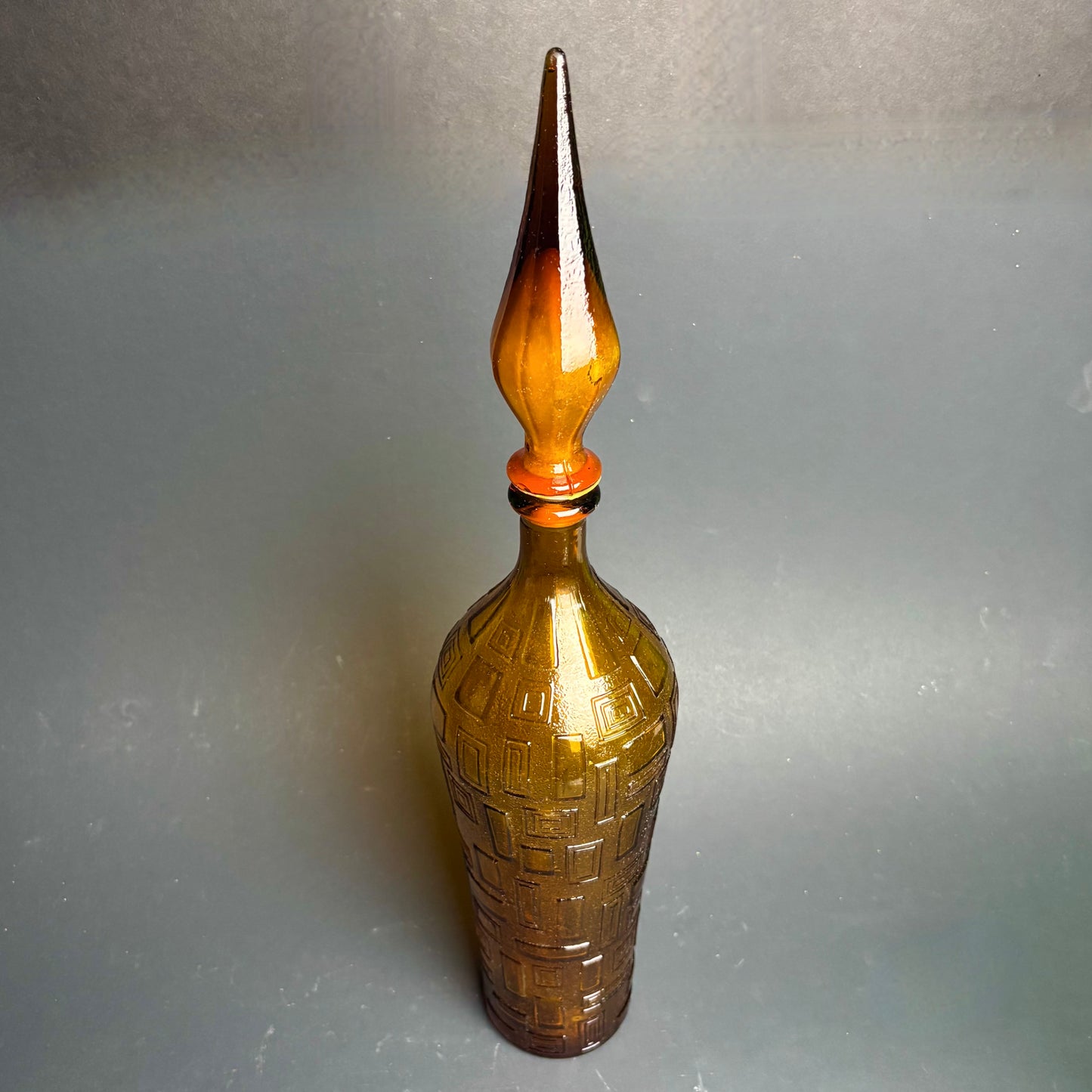 Vintage Amber Empoli Style Glass Decanter with Flame Stopper – Geometric Pattern