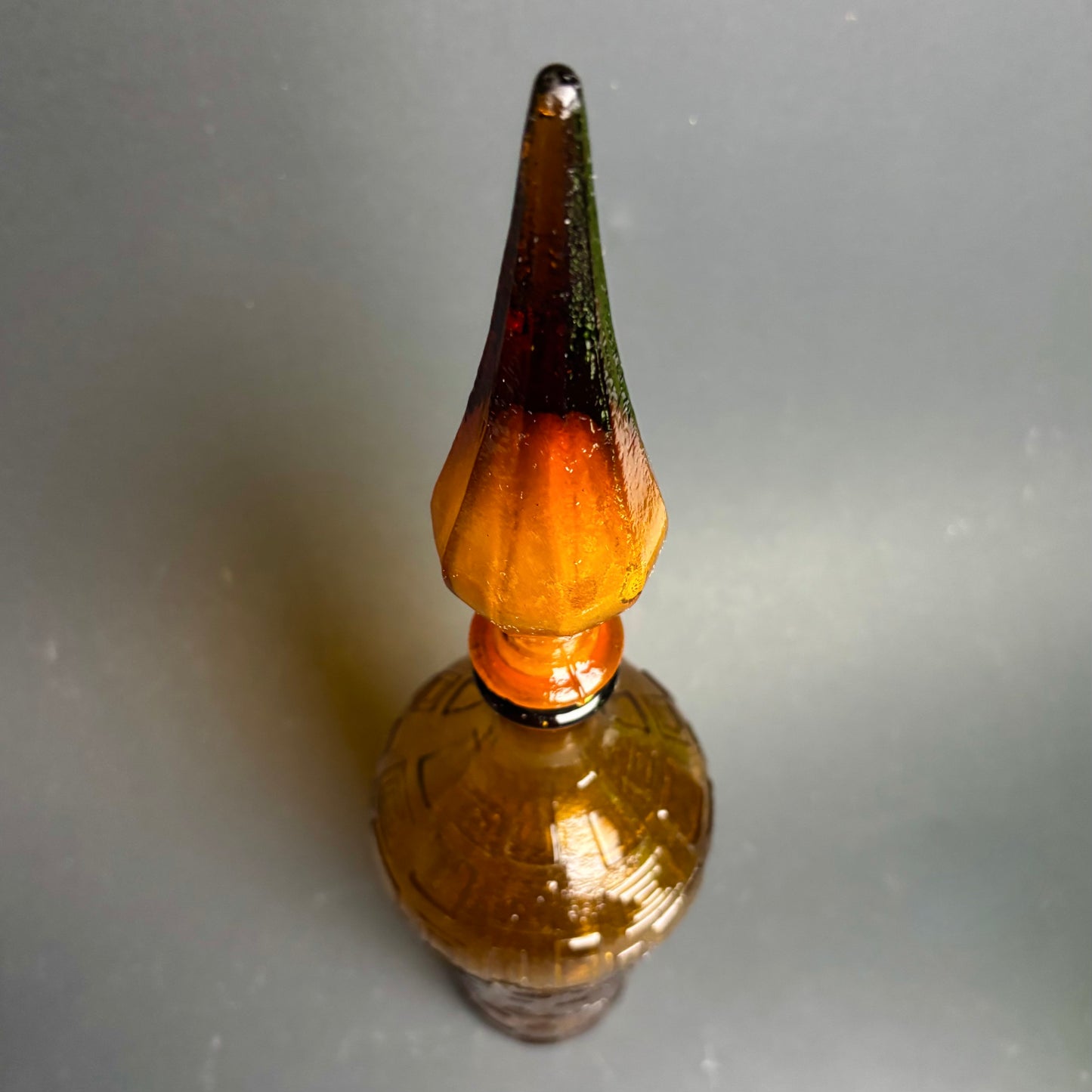 Vintage Amber Empoli Style Glass Decanter with Flame Stopper – Geometric Pattern