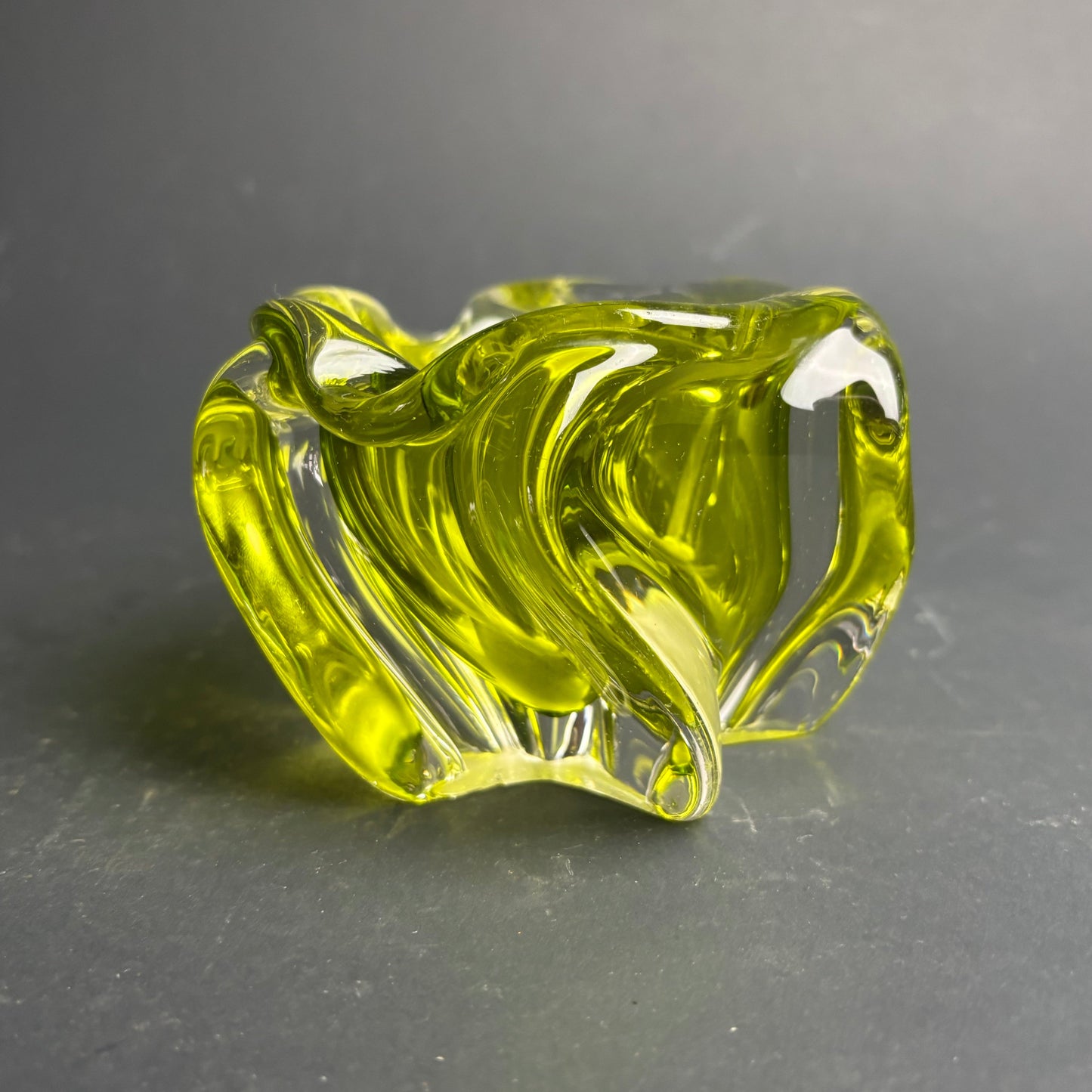 Mid Century Lime Green Art Glass Bowl – Sculptural Vintage Dish