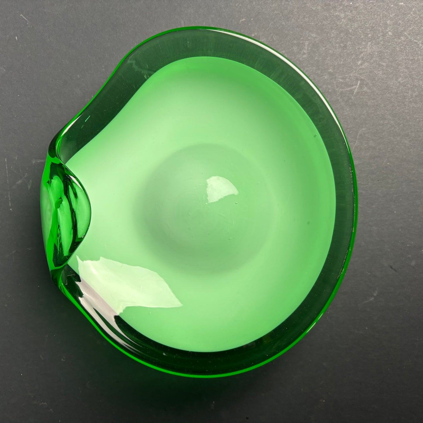 Mid Century Green Cased Glass Bowl – Murano Style Biomorphic Dish