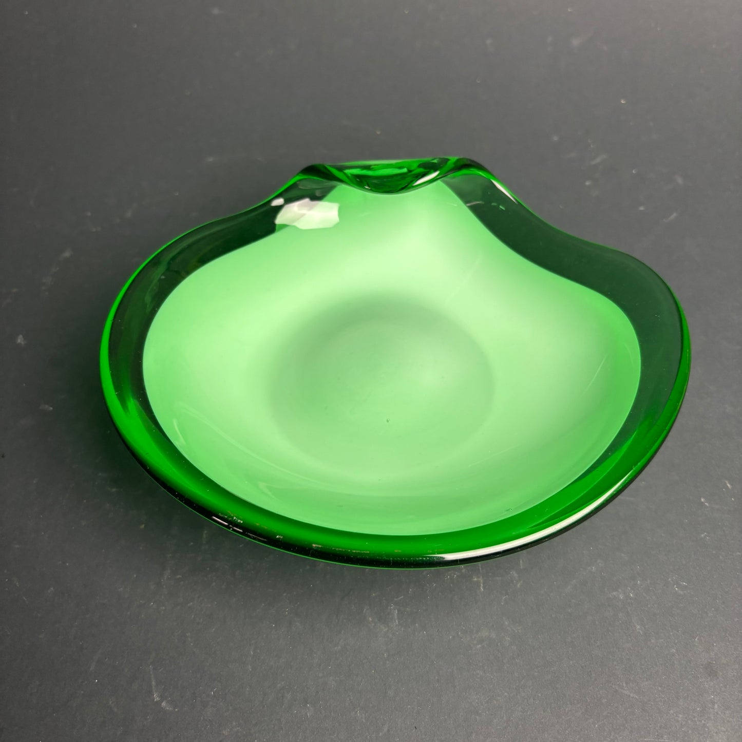 Mid Century Green Cased Glass Bowl – Murano Style Biomorphic Dish