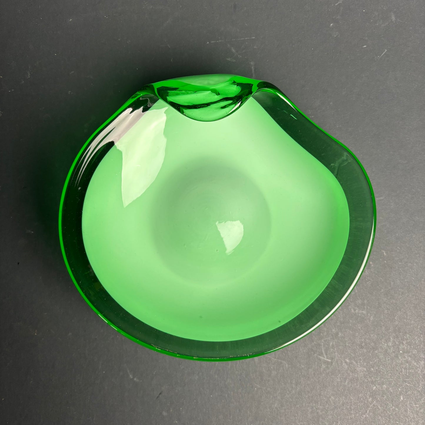 Mid Century Green Cased Glass Bowl – Murano Style Biomorphic Dish