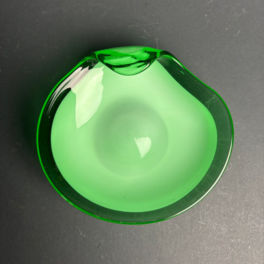 Mid Century Green Cased Glass Bowl – Murano Style Biomorphic Dish