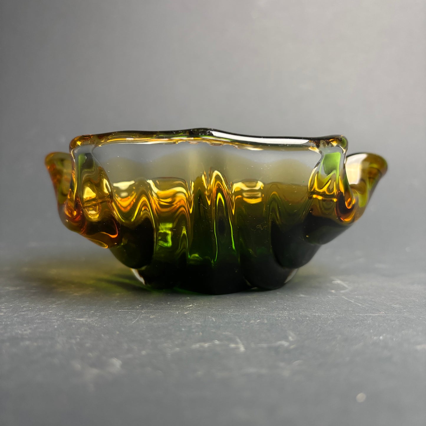 Mid Century Art Glass Freeform Bowl – Amber & Olive Green