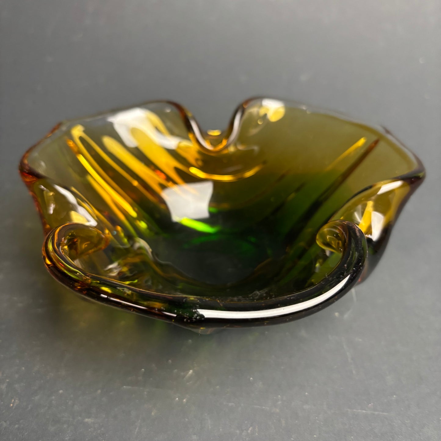 Mid Century Art Glass Freeform Bowl – Amber & Olive Green