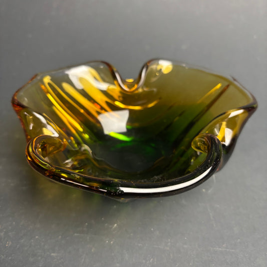 Mid Century Art Glass Freeform Bowl – Amber & Olive Green