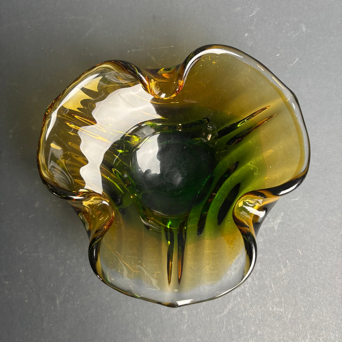 Mid Century Art Glass Freeform Bowl – Amber & Olive Green