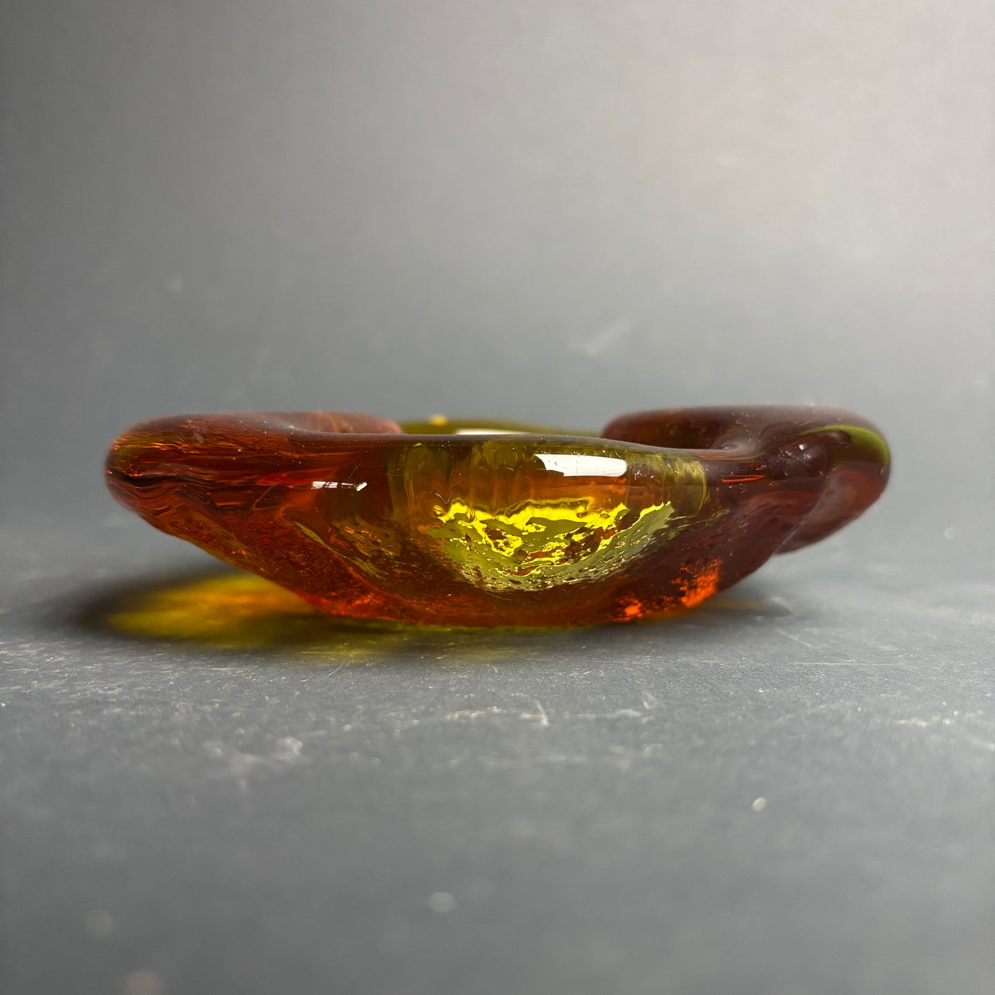 Mid Century Art Glass Bowl – Amber & Olive Drip / Biomorphic Form
