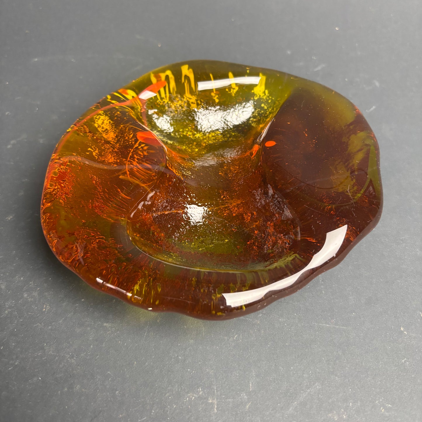 Mid Century Art Glass Bowl – Amber & Olive Drip / Biomorphic Form