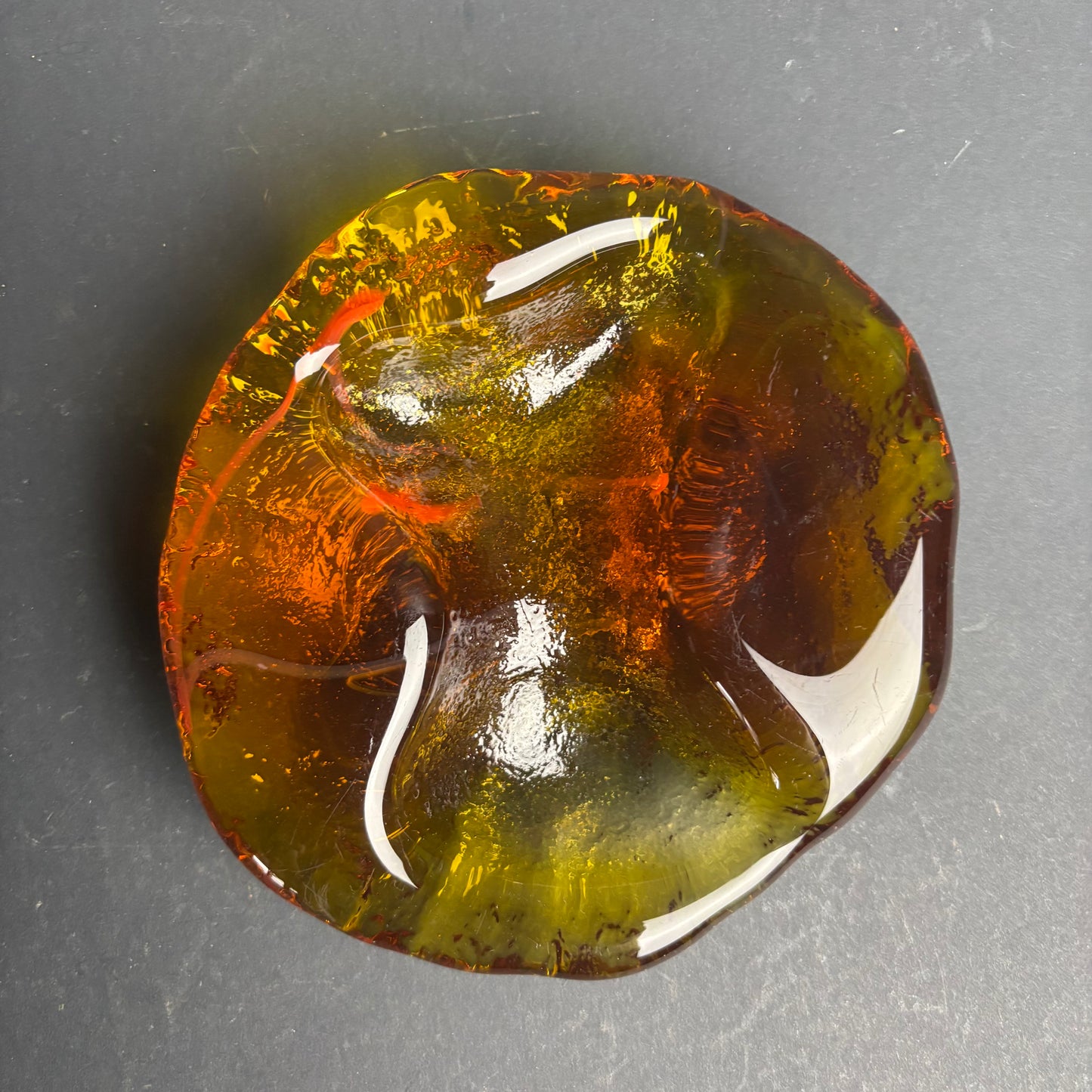 Mid Century Art Glass Bowl – Amber & Olive Drip / Biomorphic Form