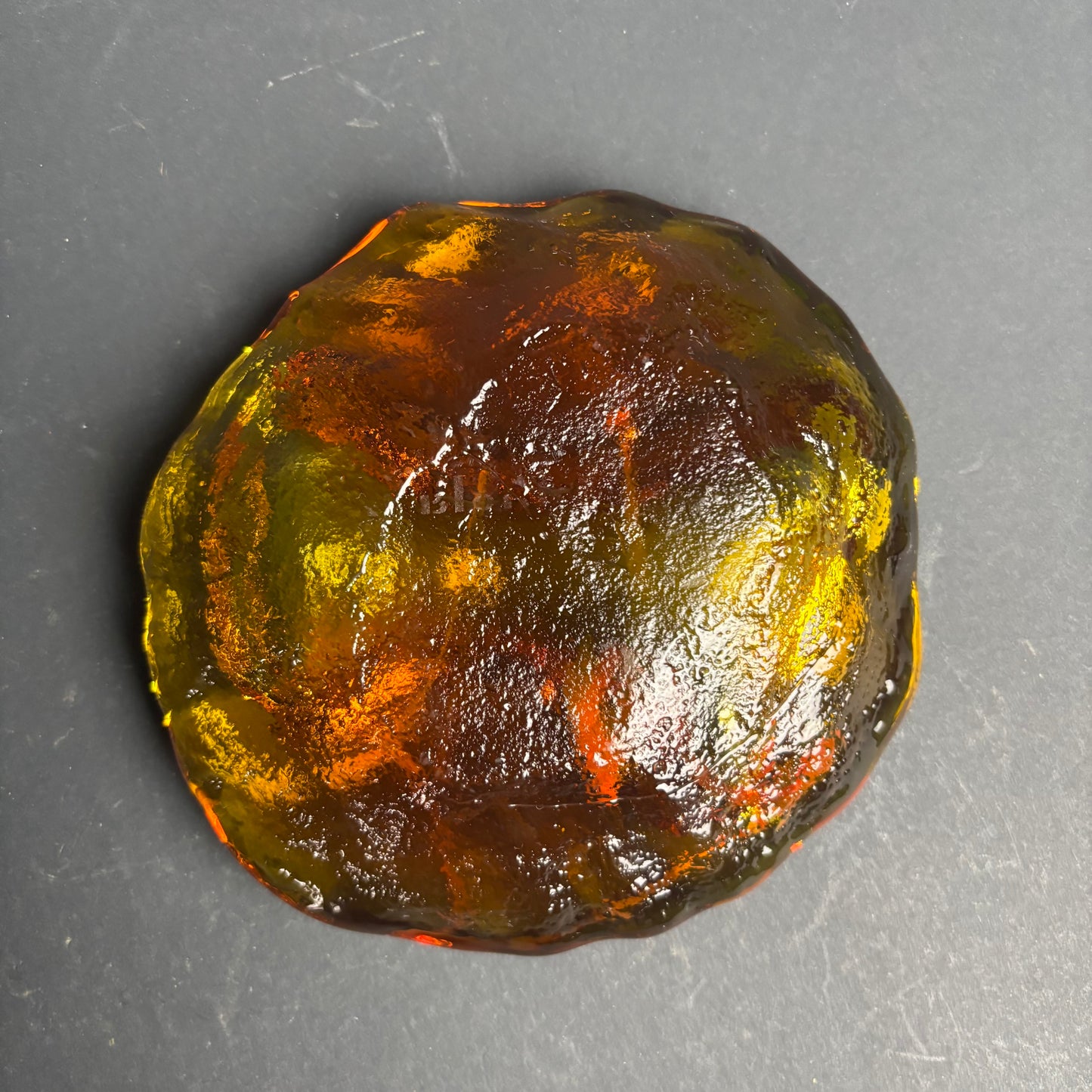 Mid Century Art Glass Bowl – Amber & Olive Drip / Biomorphic Form