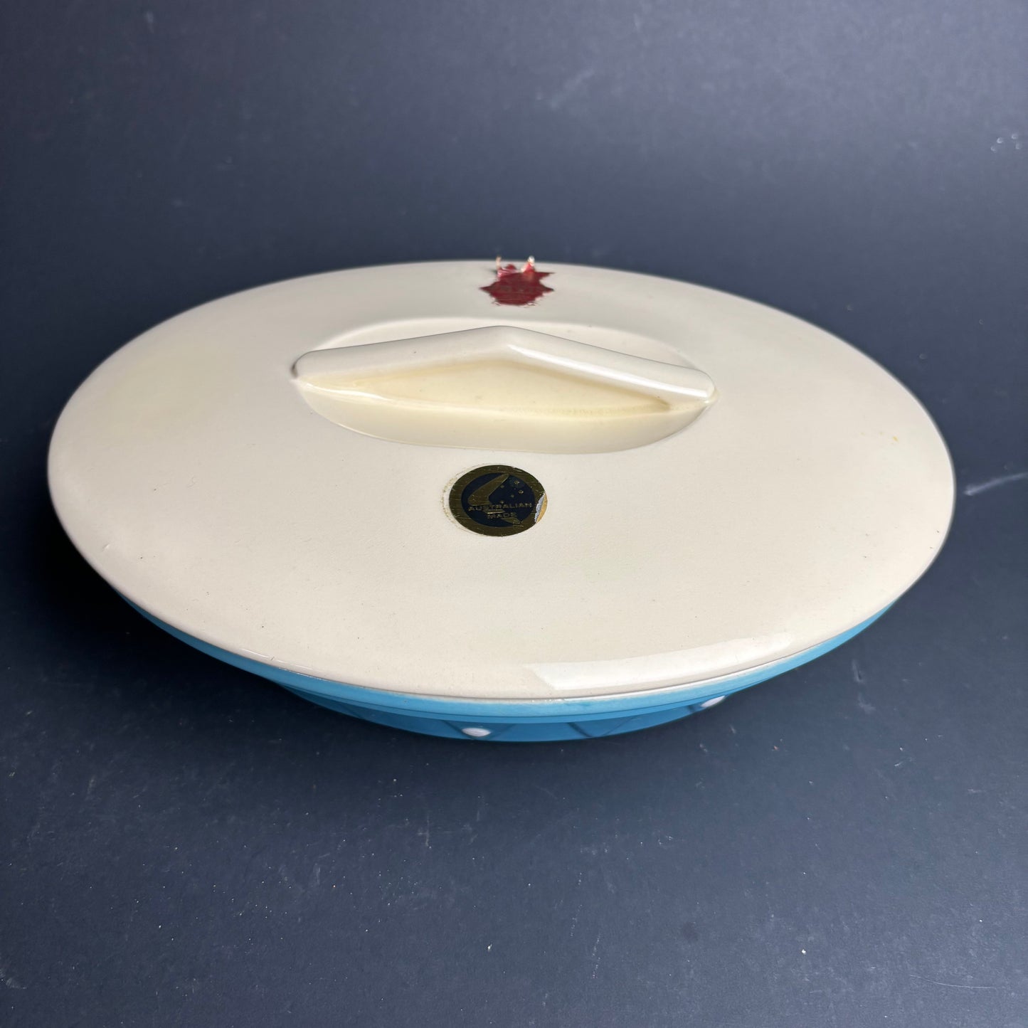 Diana Pottery Covered Casserole Dish – Australian Mid Century Blue & Cream