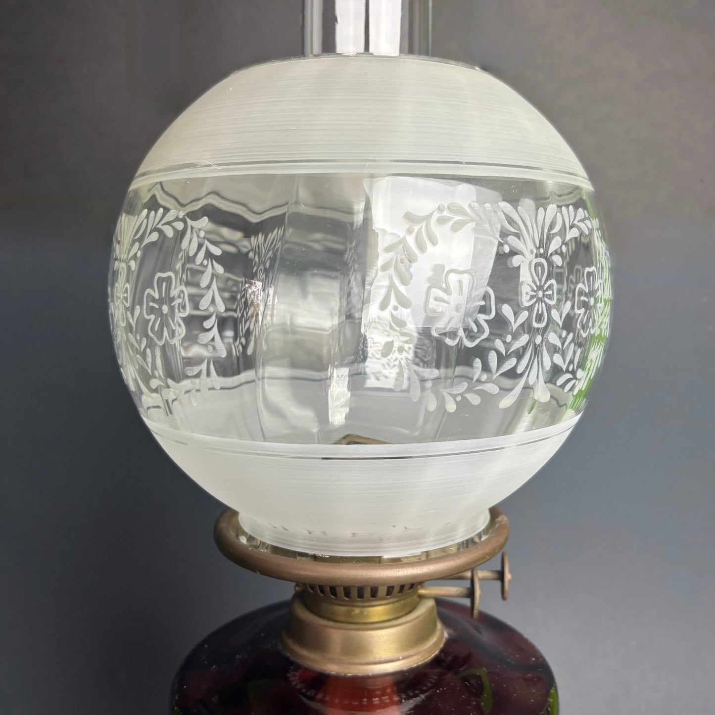 Victorian Kerosene Oil Lamp – Cranberry Glass Font with Etched Globe & Cast Iron Base
