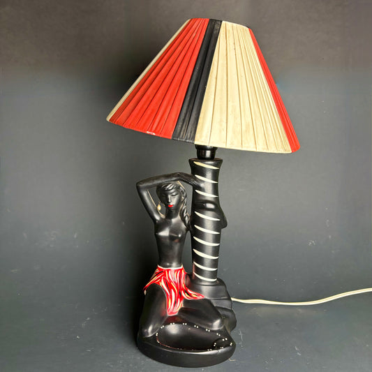 Barsony FL-39 Black Lady Lamp – Original 1950s Australian Chalkware with Pleated Shade