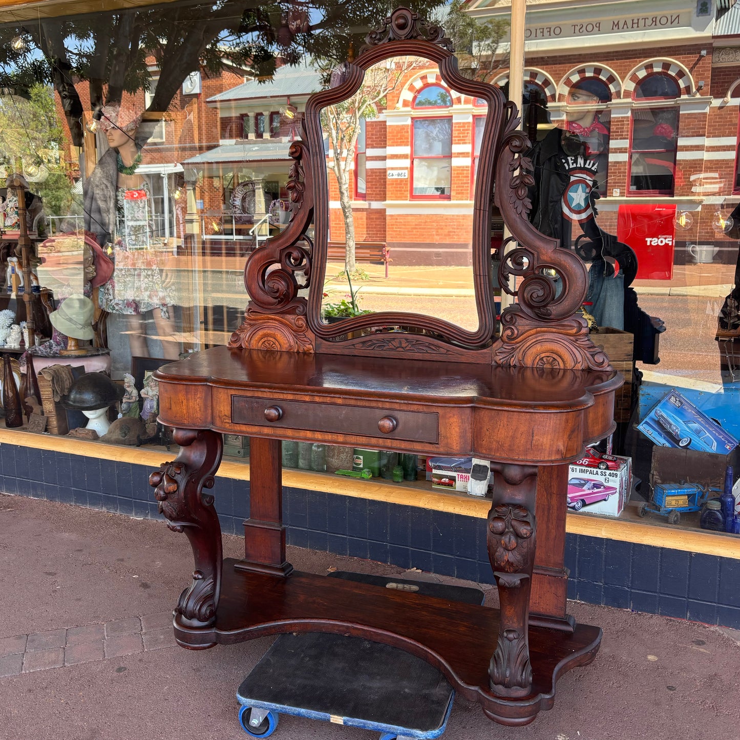Victorian Gothic Revival Mahogany Dressing Table Console Mirror Carved Antique
