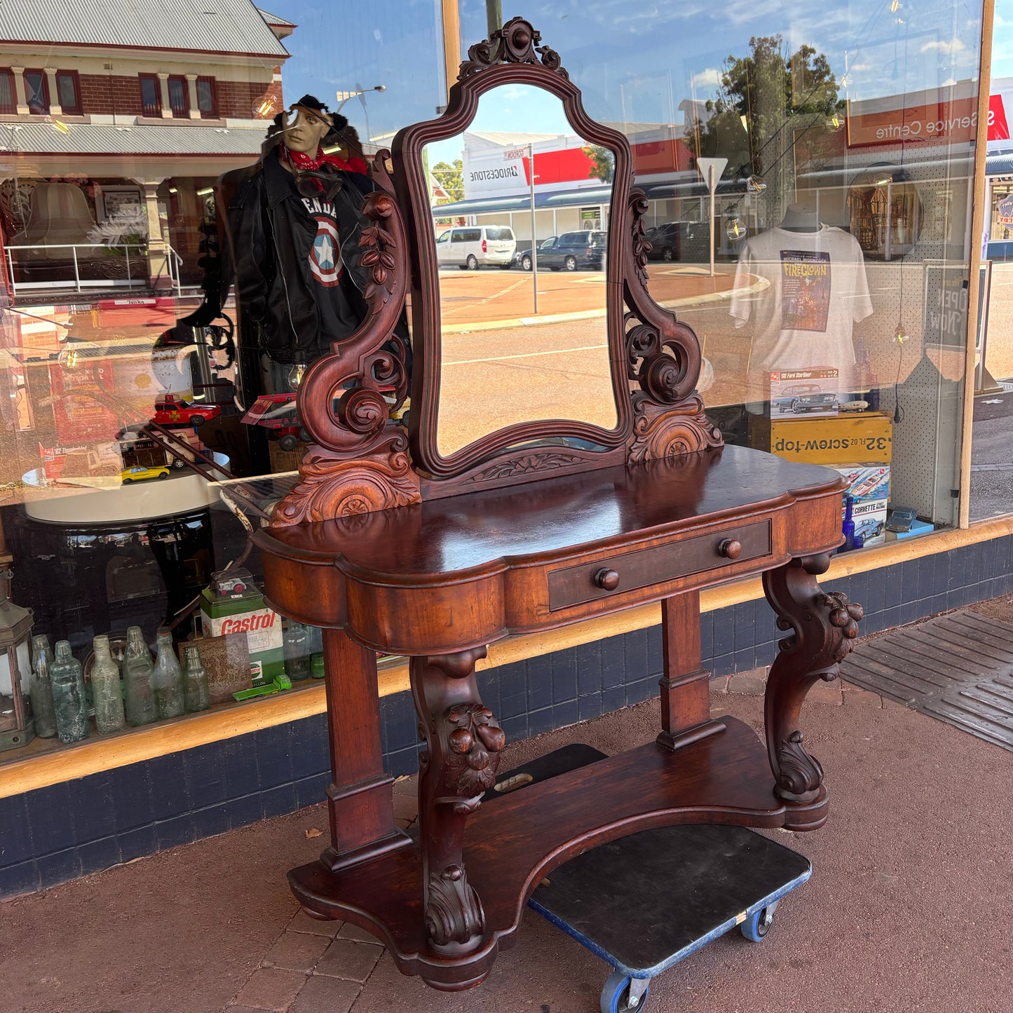 Victorian Gothic Revival Mahogany Dressing Table Console Mirror Carved Antique