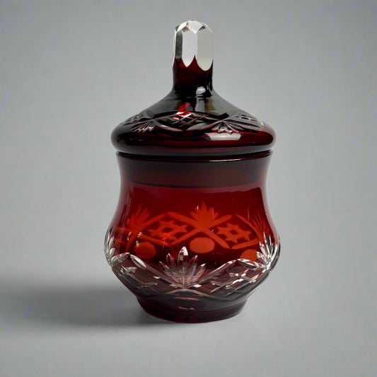 Vintage Bohemian Cranberry Ruby Red Cut to Clear Crystal Lidded Jar