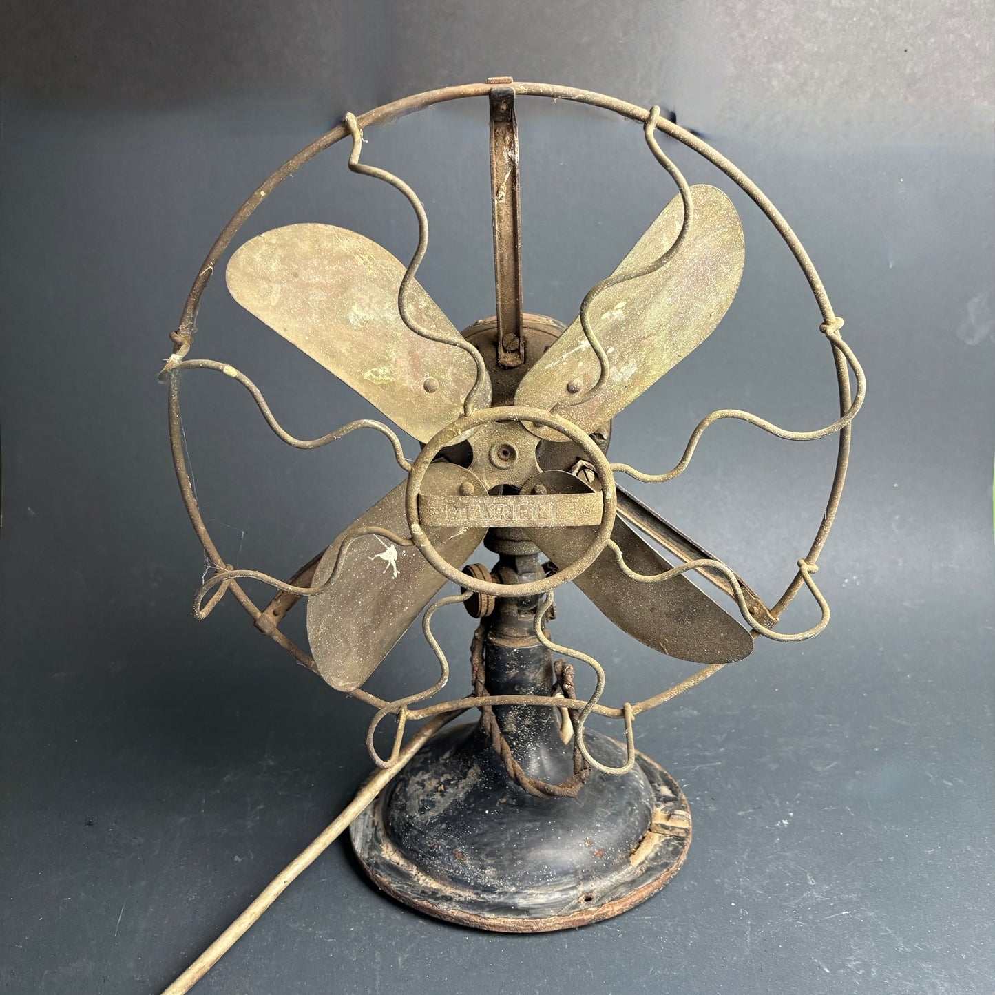 Vintage Marelli Electric Desk Fan Brass Blades Cage Guard Industrial Italy