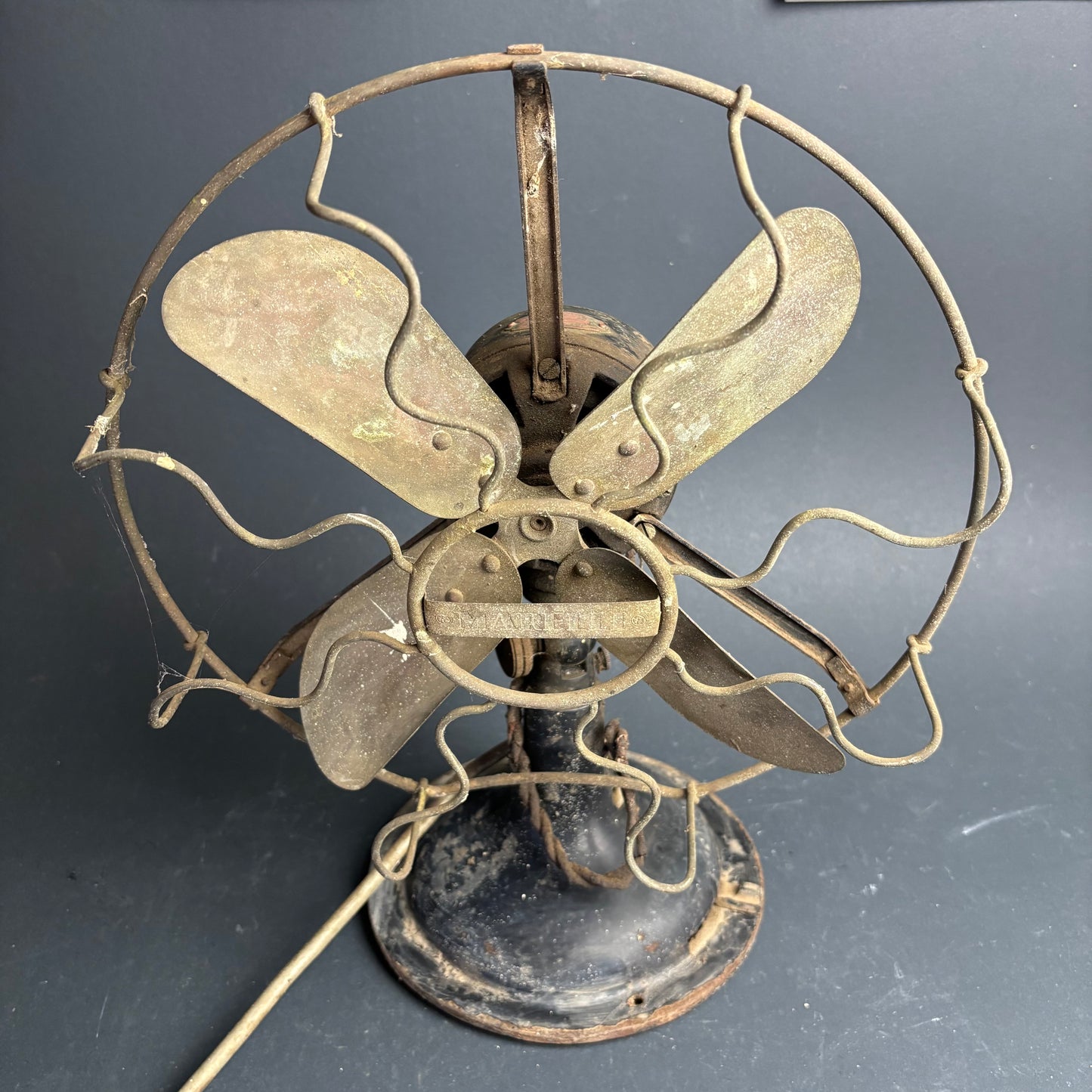 Vintage Marelli Electric Desk Fan Brass Blades Cage Guard Industrial Italy