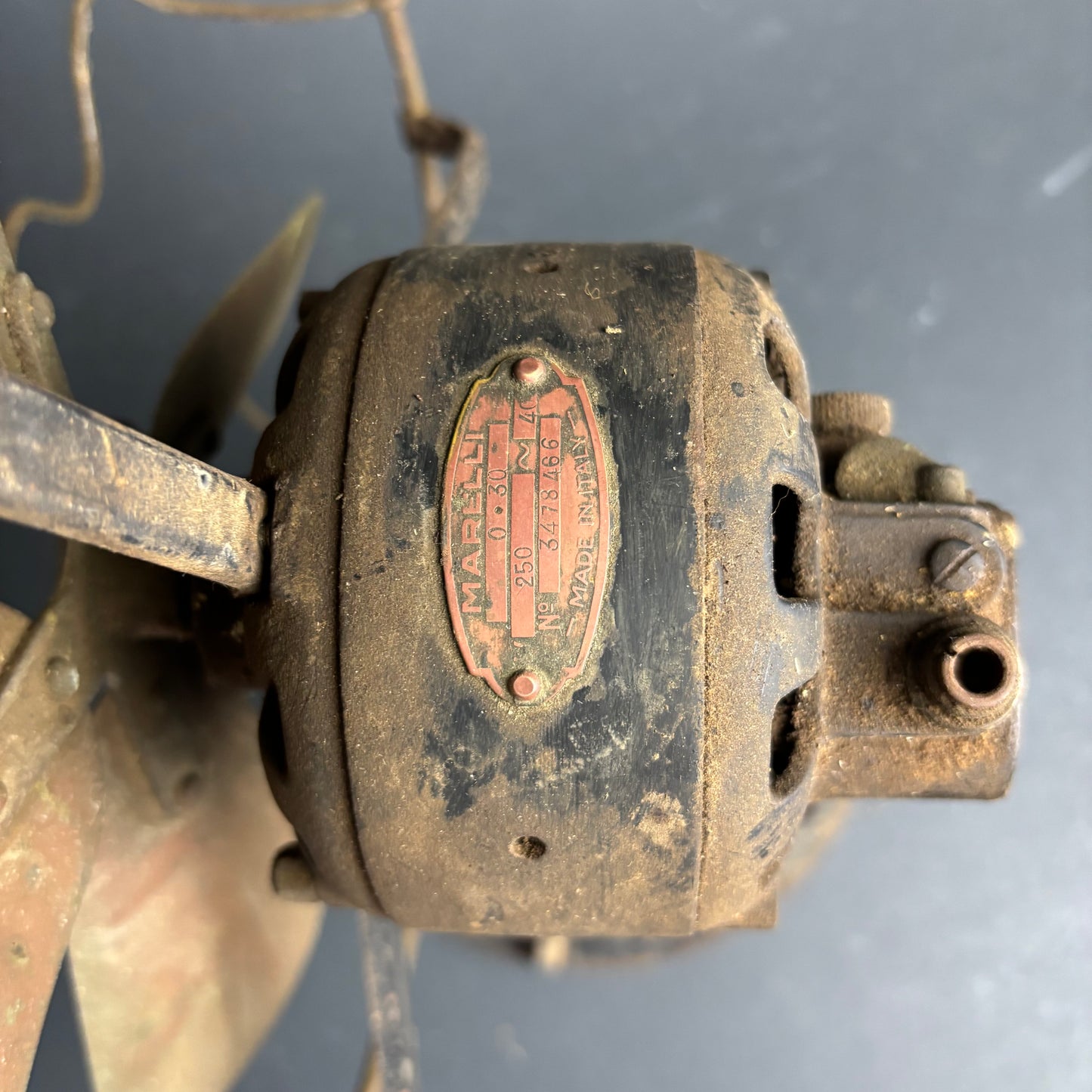 Vintage Marelli Electric Desk Fan Brass Blades Cage Guard Industrial Italy