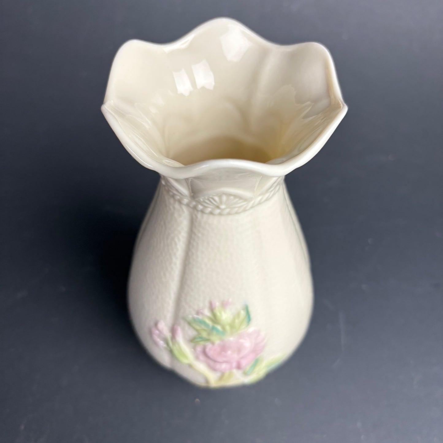 Belleek Ireland Floral Vase – Cream Glaze with Applied Pink Rose
