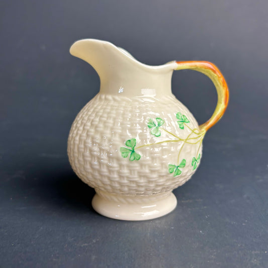Belleek Ireland Shamrock Cream Jug – Basketweave Porcelain with Lustre Handle