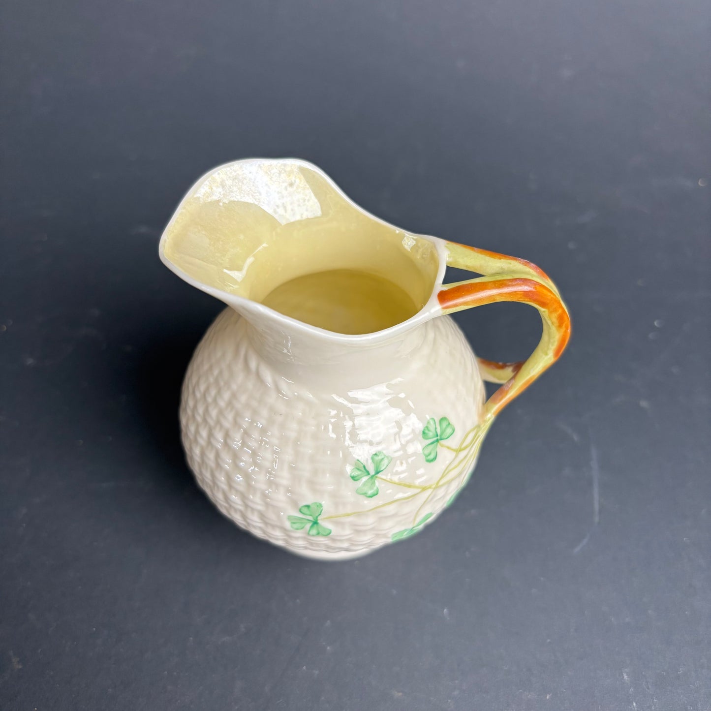 Belleek Ireland Shamrock Cream Jug – Basketweave Porcelain with Lustre Handle