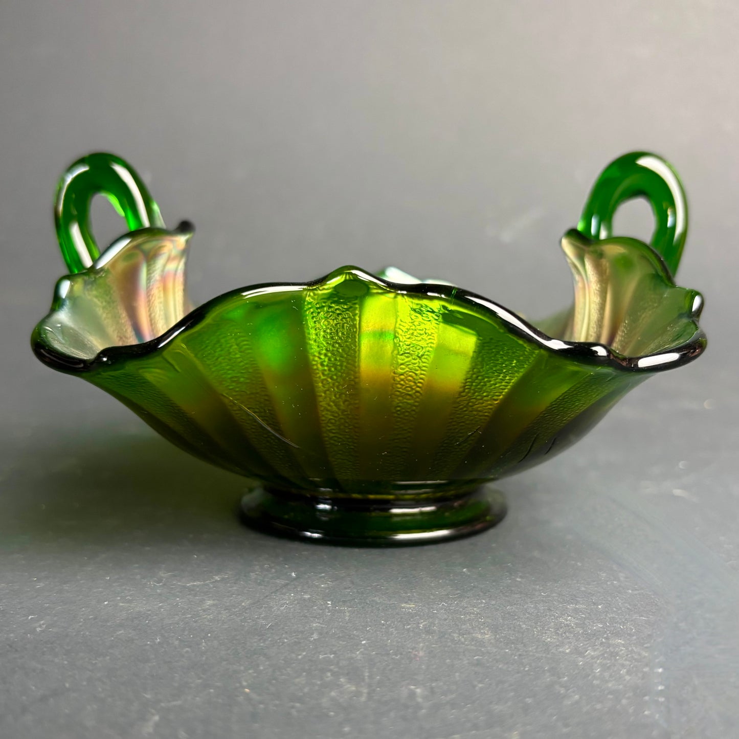 Vintage Green Carnival Glass Bowl with Handles – Iridescent Pressed Glass
