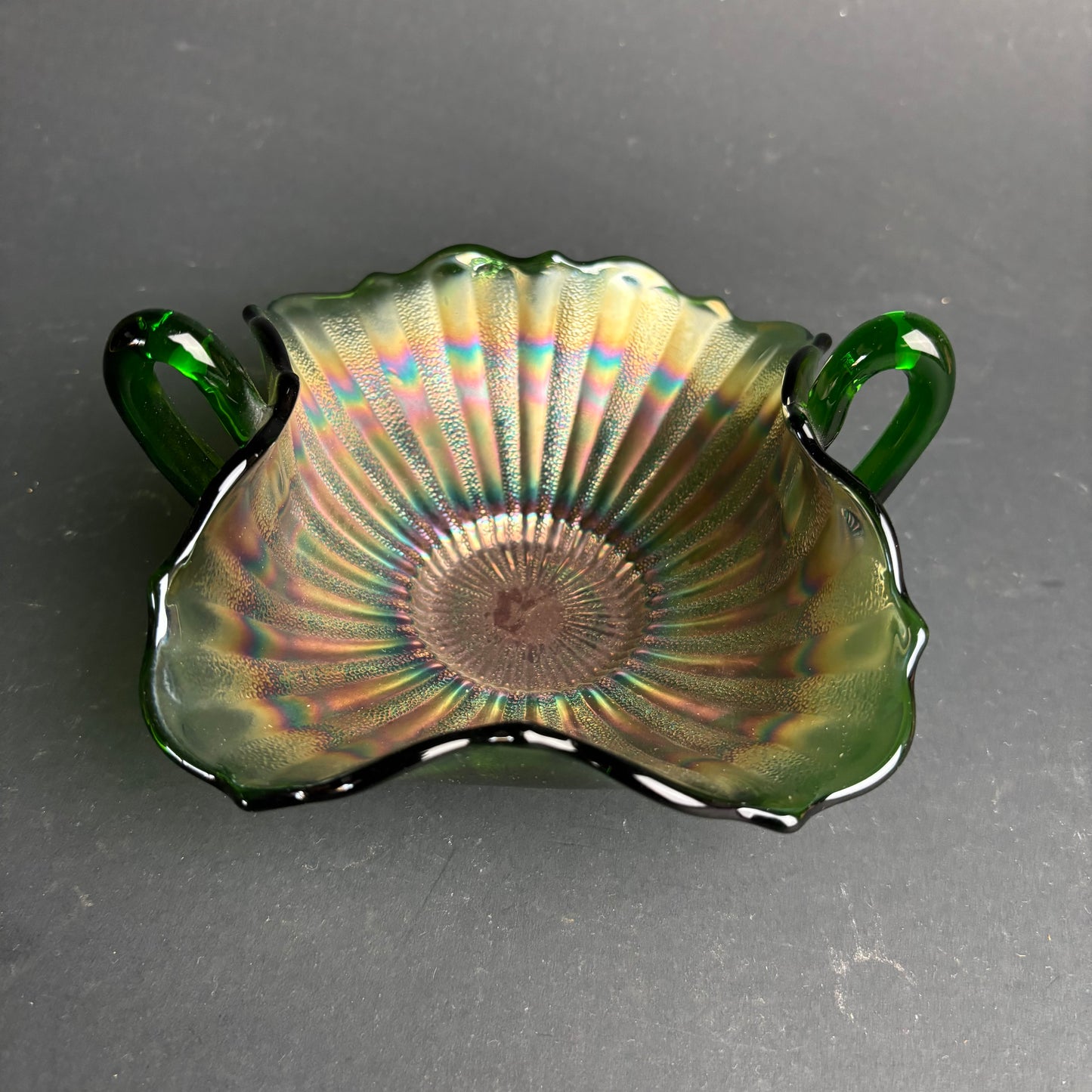 Vintage Green Carnival Glass Bowl with Handles – Iridescent Pressed Glass