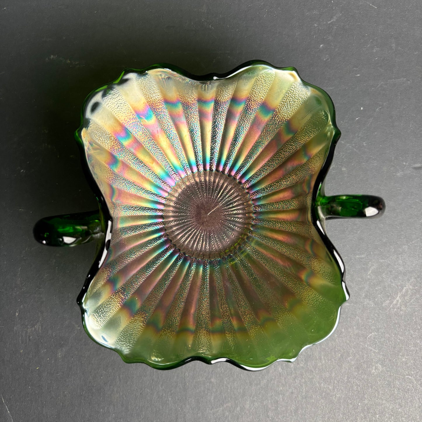 Vintage Green Carnival Glass Bowl with Handles – Iridescent Pressed Glass