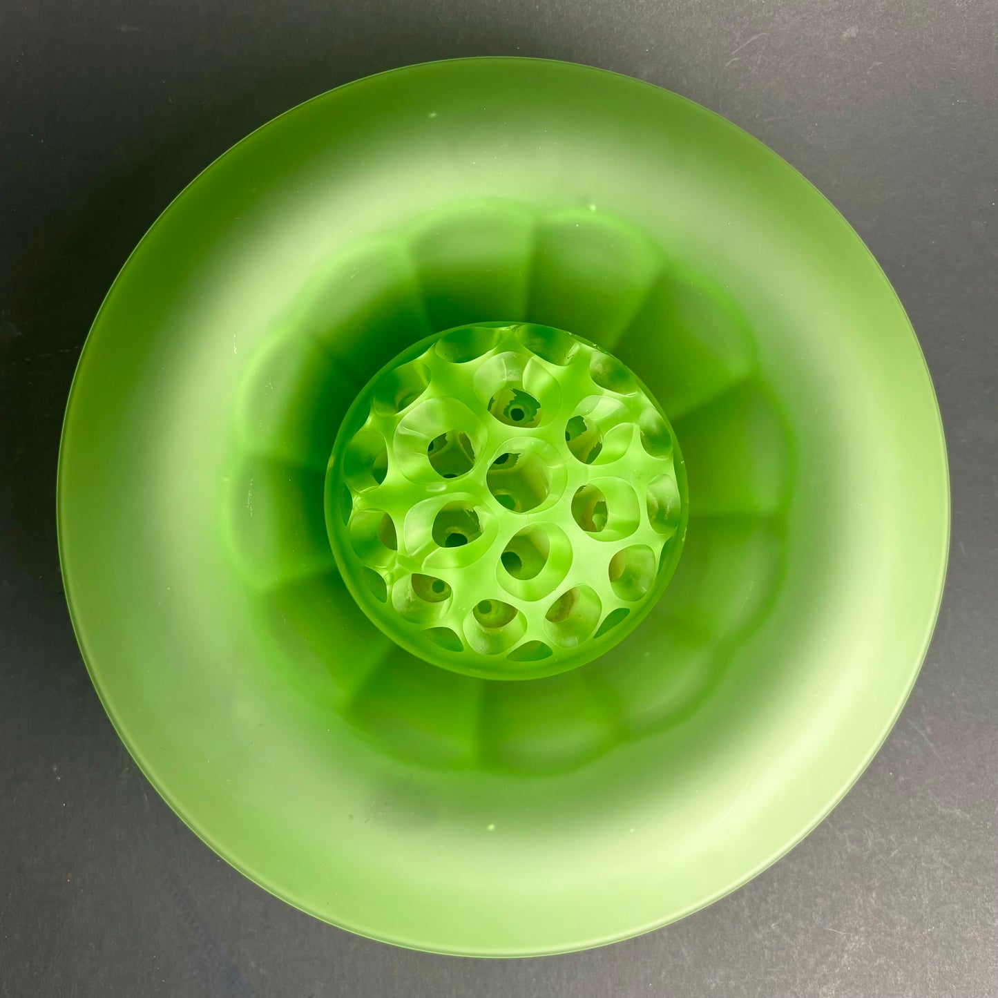 Large Vintage Green Satin Glass Centrepiece Bowl with Original Flower Frog – Art Deco Style