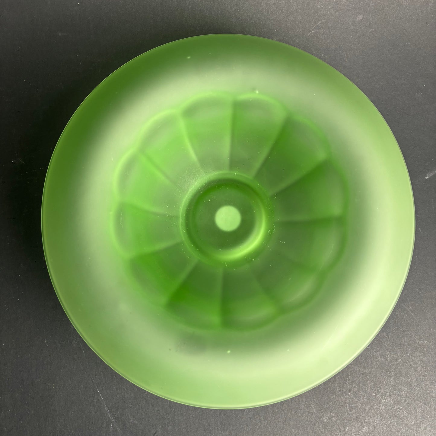 Large Vintage Green Satin Glass Centrepiece Bowl with Original Flower Frog – Art Deco Style