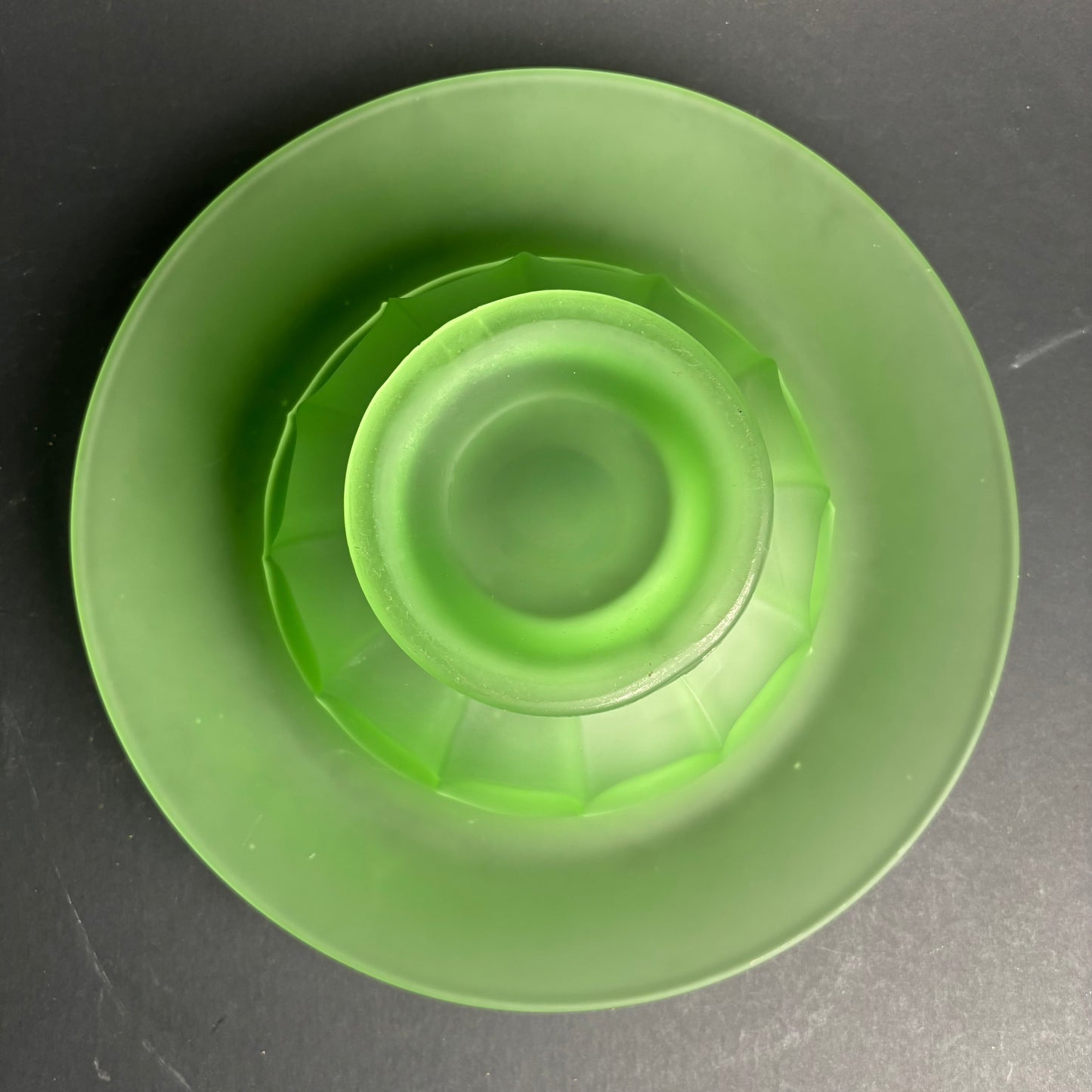 Large Vintage Green Satin Glass Centrepiece Bowl with Original Flower Frog – Art Deco Style