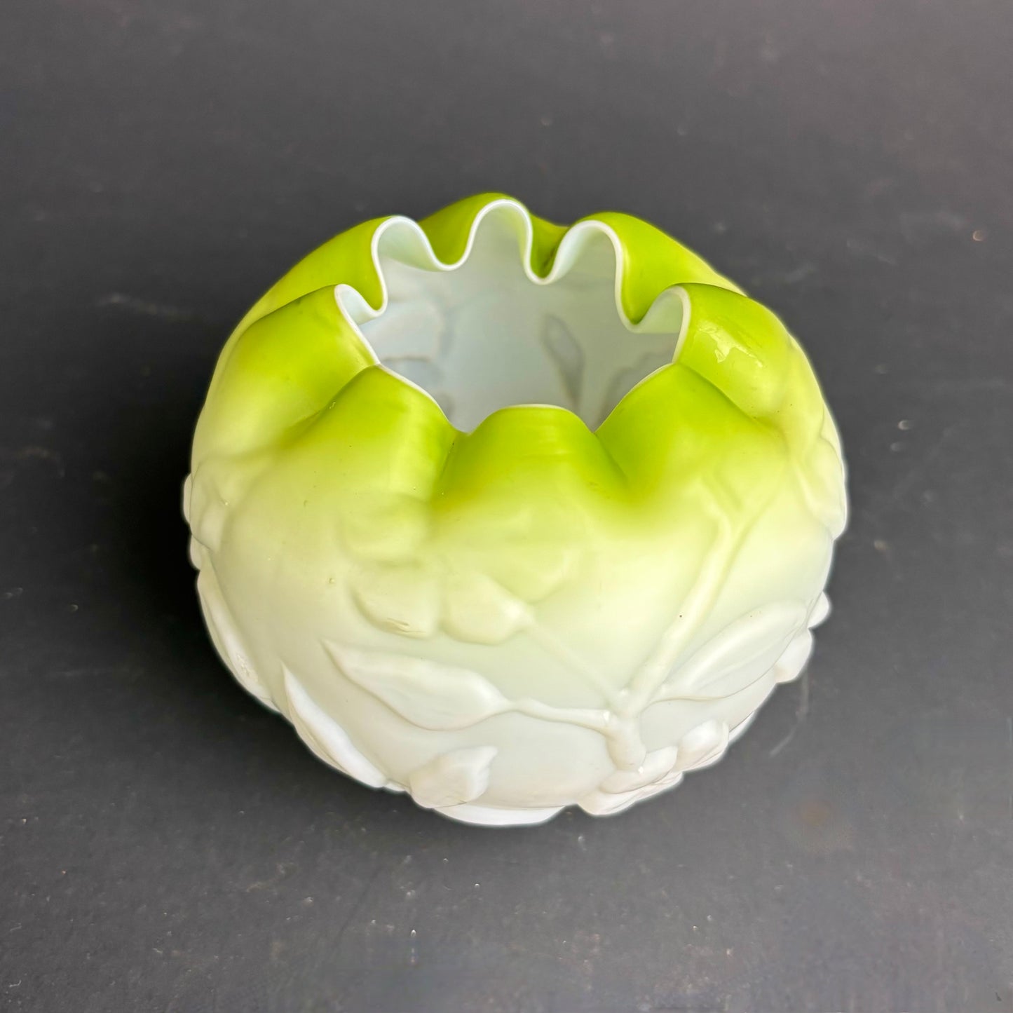 Vintage Green Cased Glass Vase – Victorian Revival Style – Floral Relief