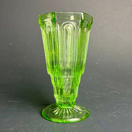 Vintage Green Pressed Glass Vase – Hexagonal Art Deco Style Trumpet Vase
