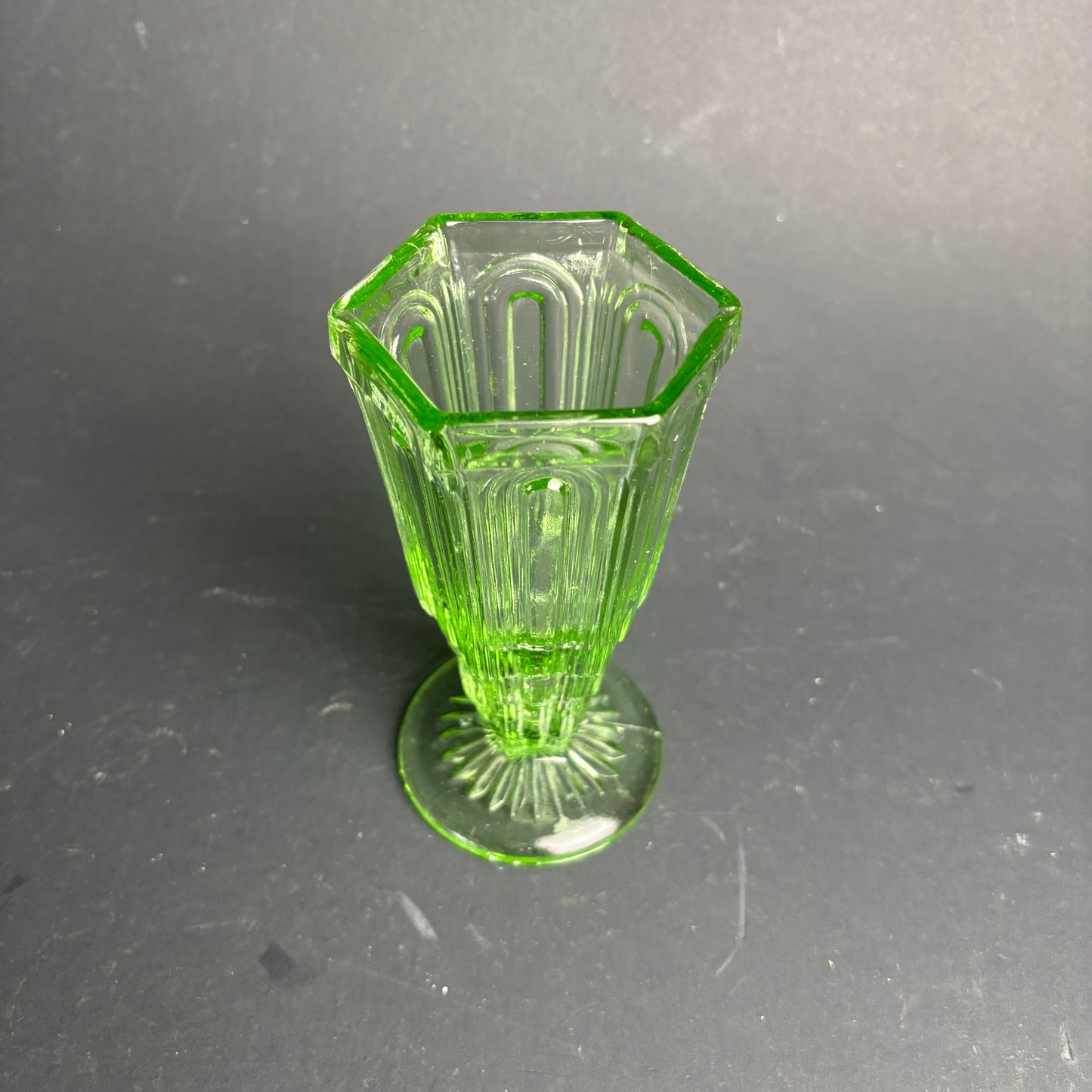 Vintage Green Pressed Glass Vase – Hexagonal Art Deco Style Trumpet Vase
